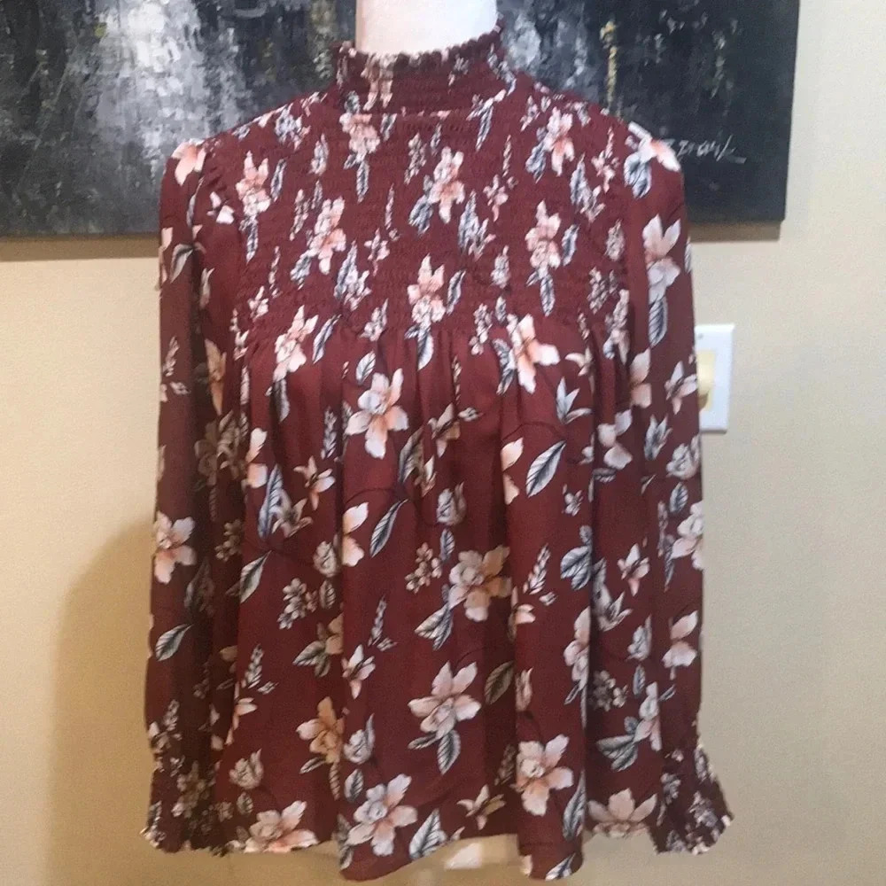Cure Rust Brown Floral Gathered Elastic High Collar Long Sleeve Blouse-Size L